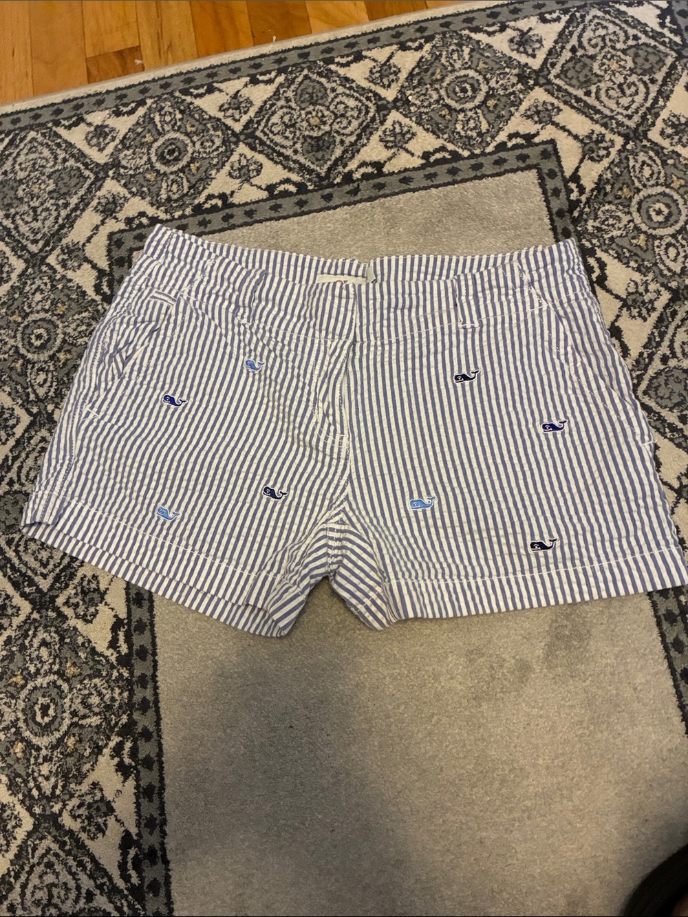 Vineyard Vines Blue and White Striped Embroidered Whale Bermuda Shorts